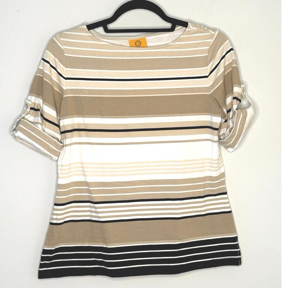 Ruby Rd. Cream Beige Black Striped Roll Tab Elbow Sleeve Cotton shirt S Petite